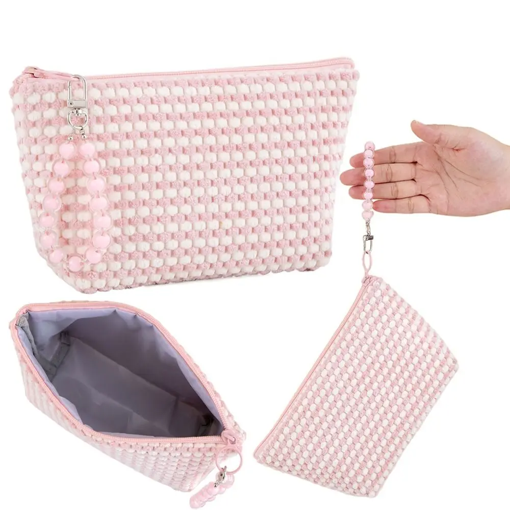 With Bead Bracelet Women Cosmetic Bag Plaid Zipper Plush Cosmetic Case Multi-functional High Capacity Toiletries Storage Pouch