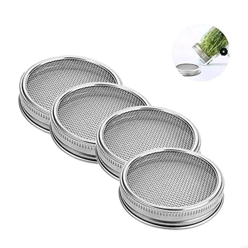 Q5WD 4Pcs/Set Seed Sprouting Lid Stainless Steel Mesh Filter for Wide Mouth Jar