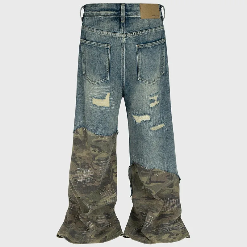 Camuflagem retalhos jeans vintage rasgado emenda azul queimado calças jeans homens streetwear hip hop azul baggy calças jeans