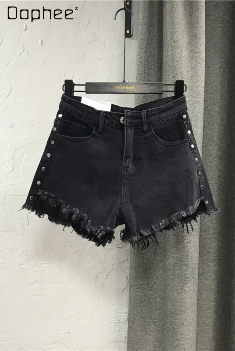 Black Rivet Denim Shorts Street Fashion Raw Edge High Waist A Line Wide Leg Hot Pants Casual Sexy Summer Female Trend