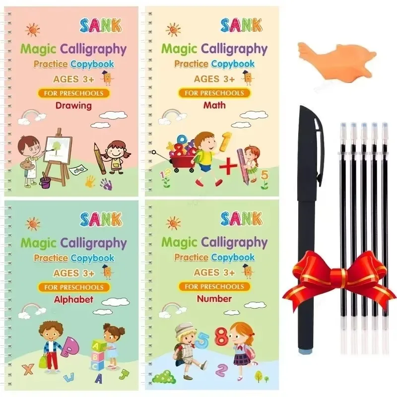 SANK – stylo magique pour copier, 4 livres, essuyage gratuit, autocollant d'écriture pour enfants, cahier de pratique pour la calligraphie