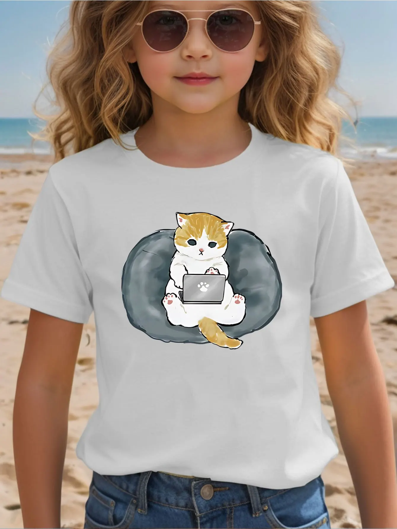 Cartoon Lazy Cat Operating Notebook Print Kids T Shirt Boys Girls Family Matching Parent Child Summer Crew Neck Casual Tee