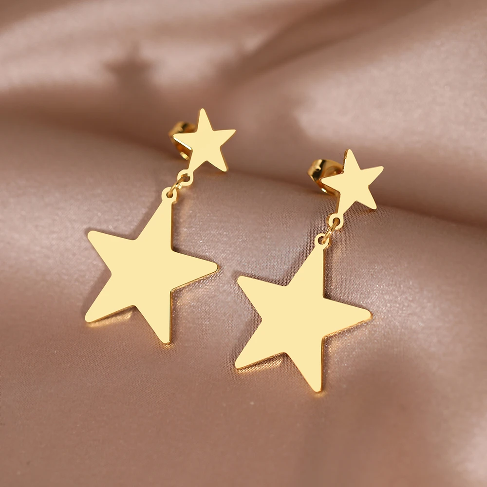 Stainless Steel Earrings Kpop Double Star Trend Fine Korean Fashion Pendants Earrings For Women Jewelry Party Lady Girls Gifts