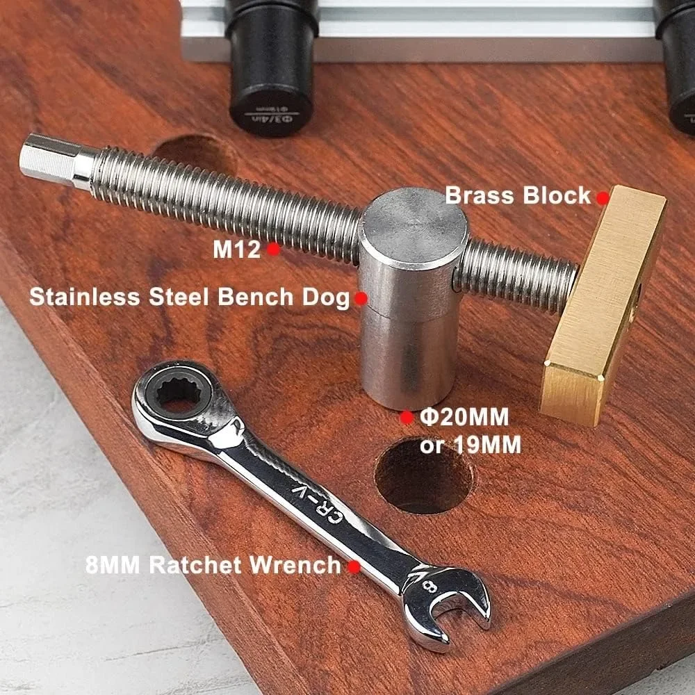 19/20mm Bench Dog Clamp 3/4 Inch Dog Hole Clamp Woodworking Adjustable Workbench Stop Stainless Steel Brass