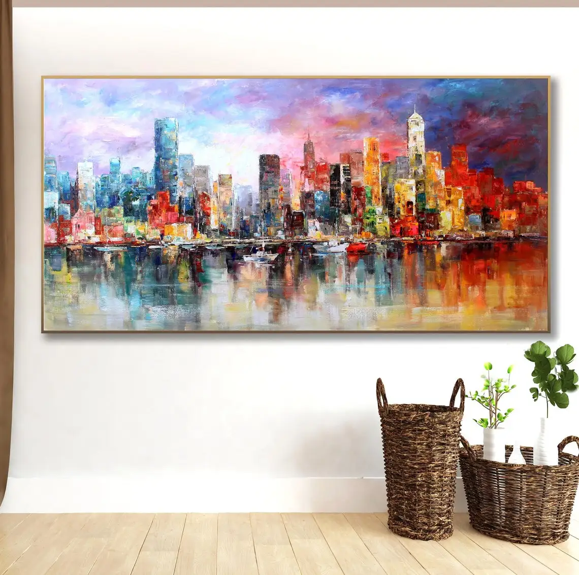 Urban Wall Art New York Handmade Oil Painting Brooklyn Bridge New York Skyline Architecture Landscape Art Wall Decor For Room