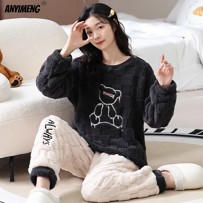 Winter M-5XL Women Jacquard Thermal Plus Size Pajamas Soft Plush Teddy Sleepwear for Girl Pullover Thick Pijama Casual Nightwear