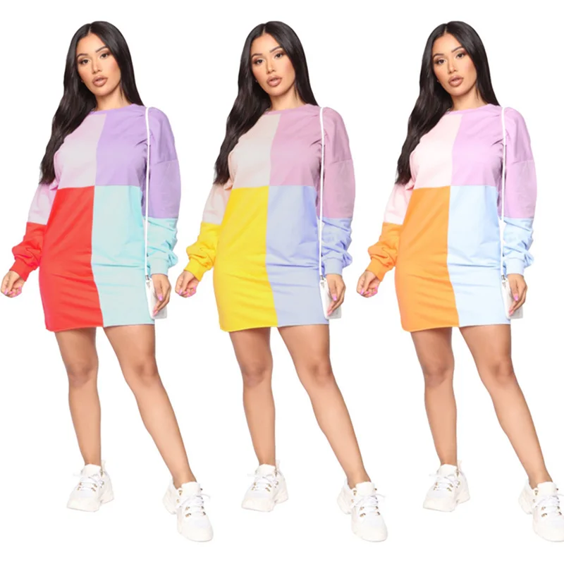 Kleur Blok Patchwork Jurk Vrouwen Lange Mouw Herfst Jurk 2022 Nieuwe Aankomst Streetwear O Hals Basic Mini Casual T-shirt jurk