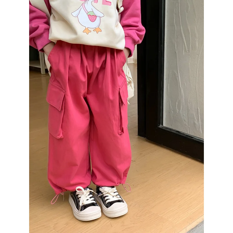 

Children's Trousers2024Tong Ku Spring New Baby Track Pants Western Style Waist Strap Solid Color Boys Cargo Pants