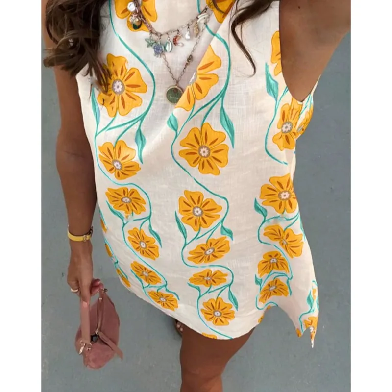 Verão novo fresco floral impressão mini vestidos femininos solto casual vestido de verão sem mangas o pescoço a linha praia férias vestido robe