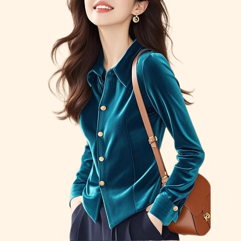 女性のブラウス 2025 春秋ブルーベルベット気質ラペルレディースシャツ無地ファッション長袖女性スリムトップ