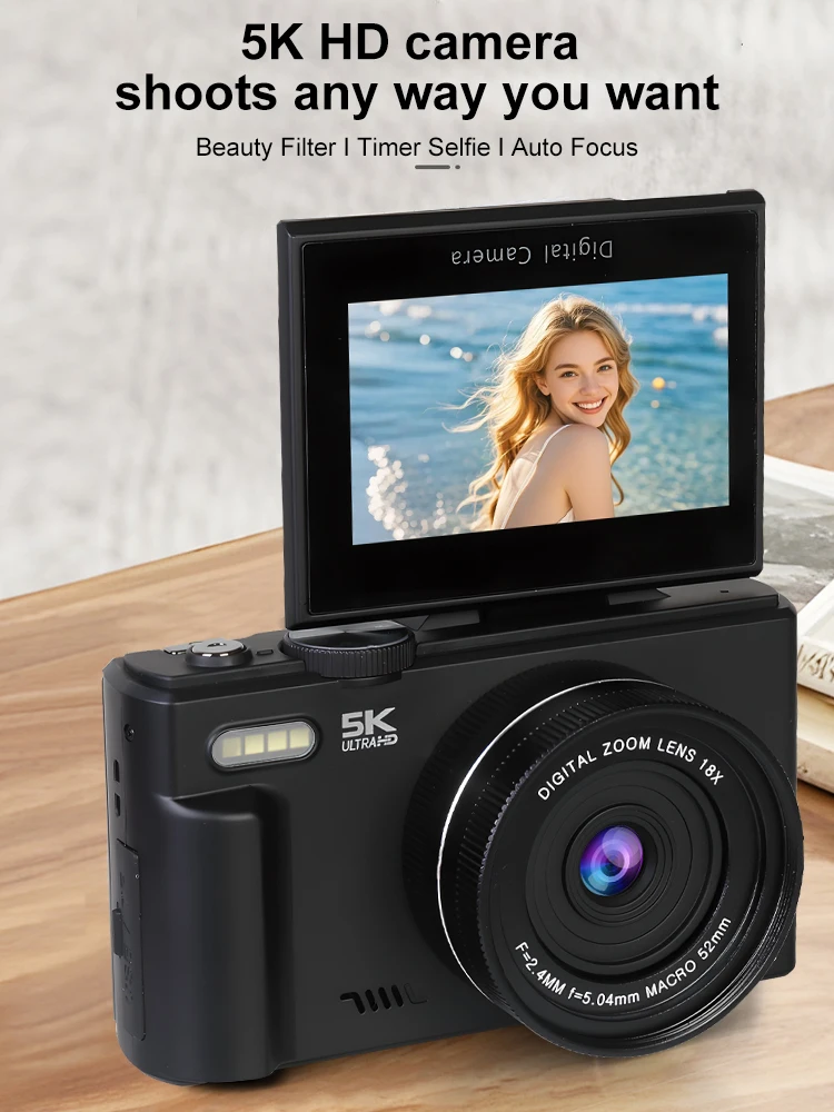 Ourlife Caméra de photographie numérique compacte 5K Zoom numérique 18X 75MP 180 °   Enregistreur vidéo Vlog vintage WIFI à écran rabattable avec flash 3