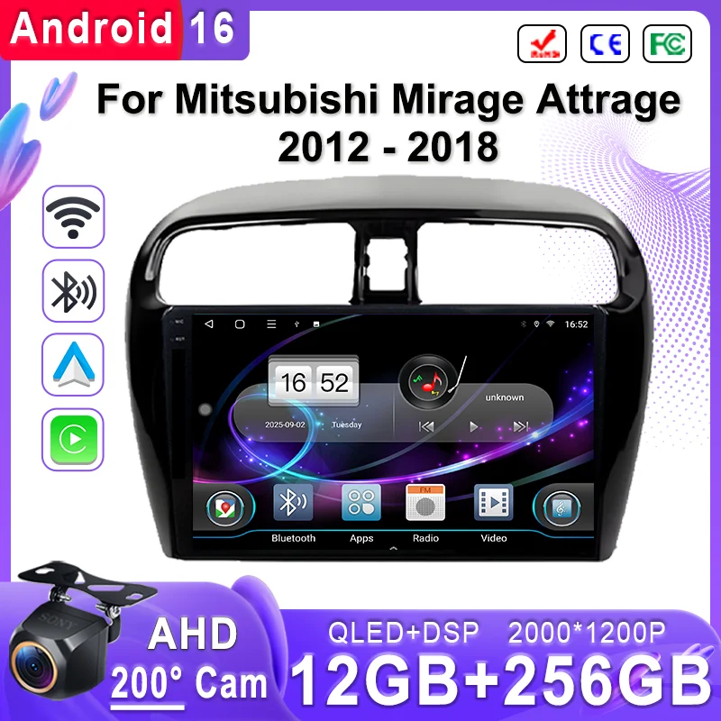 Android 16 2K Incell Screen Multimedia Stereo For Mitsubishi Mirage Attrage 2012 - 2018 High-performance CPU Plug and Play HDR