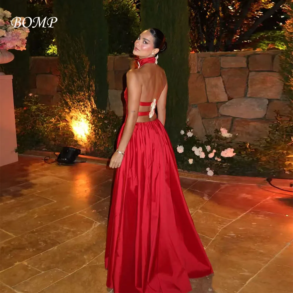 

BOMP Elegant Dark Red Evening Dress Halter Backless Rose Draped A-Line Floor Length Taffeta Wedding Party Drersses Customized