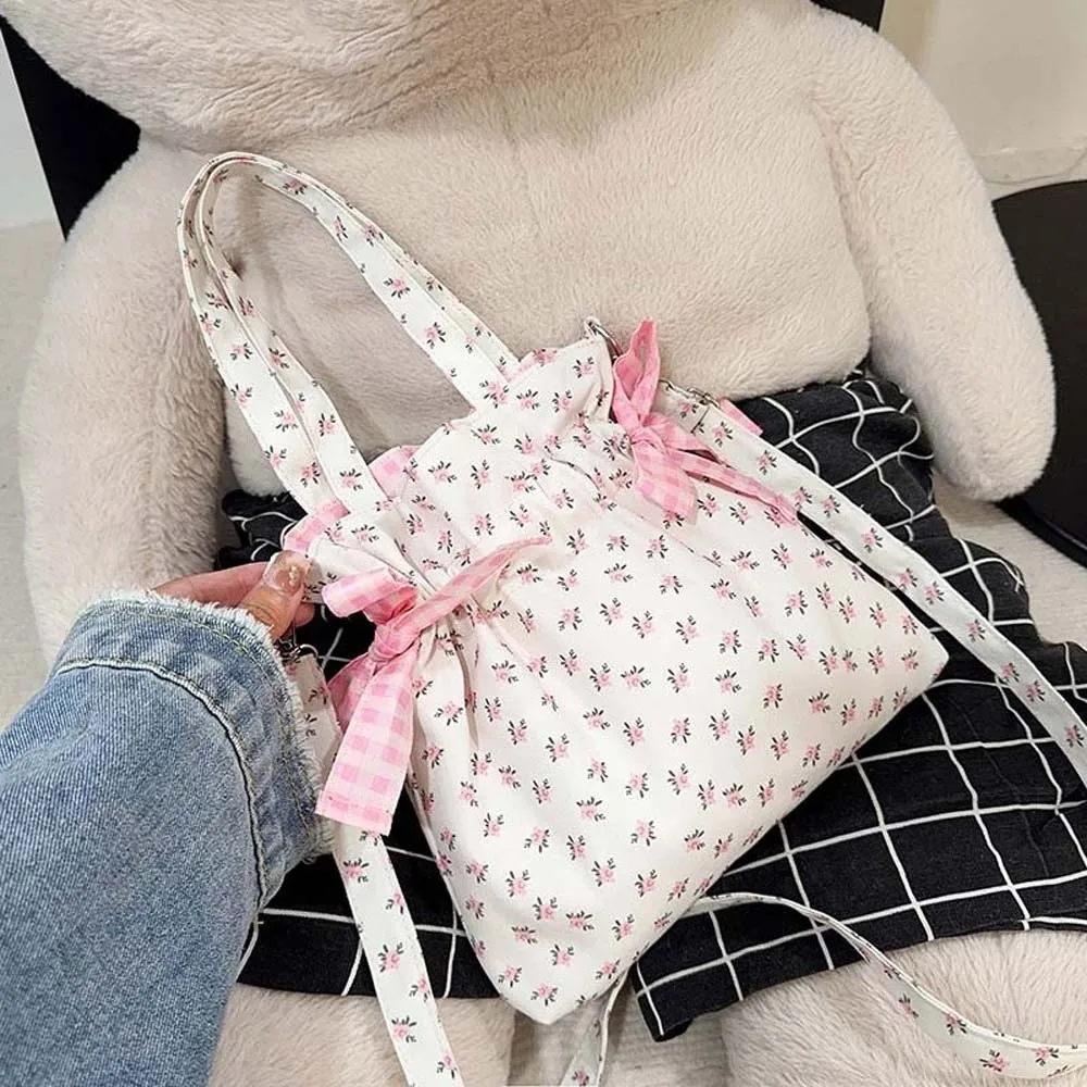 3-in-1 Floral Crossbody Bag Ruched Compact Convertible Small Tote Detachable Gingham Pink Bowknot Handbag Camper