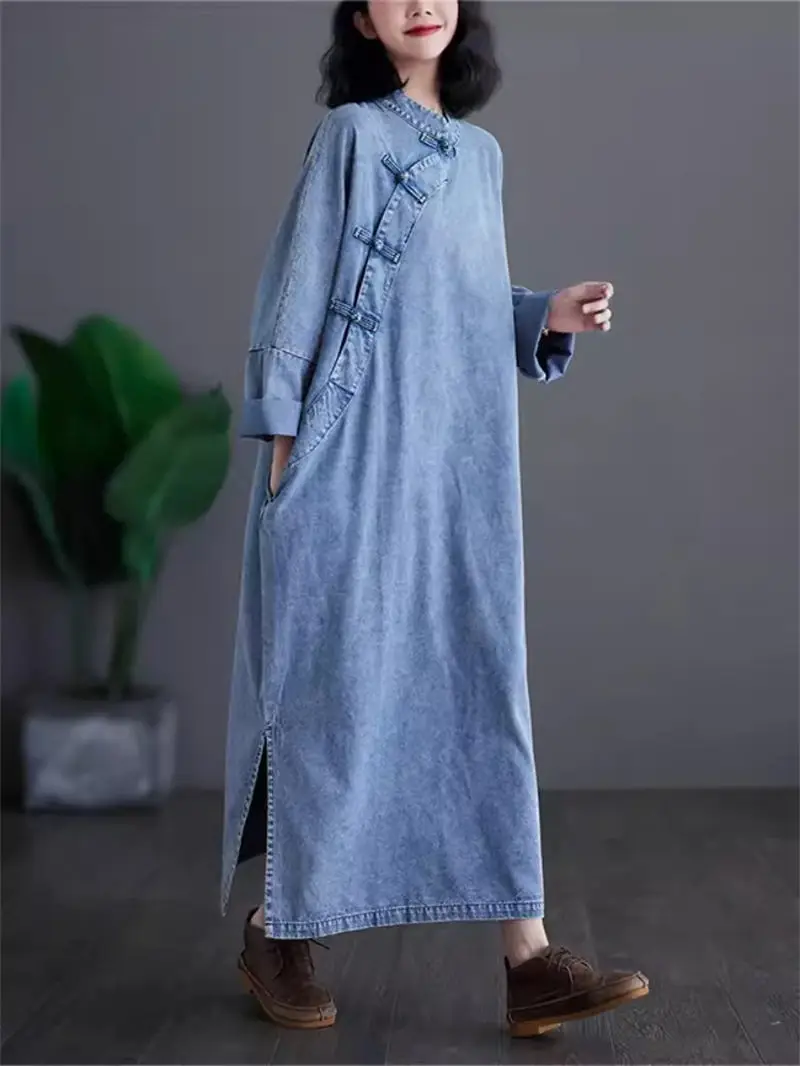 New Chinese Style Diagonal Breasted Button Up Denim Dress 2024 New Spring And Autumn Long Dress Loose Improved Qipao Dress K1419