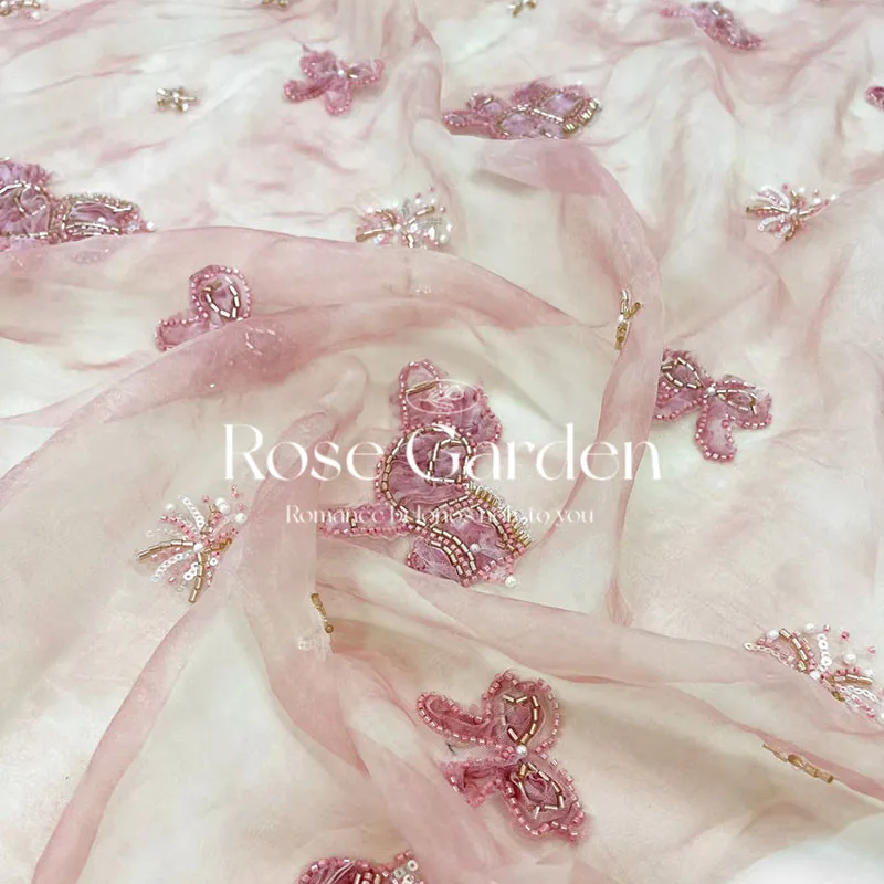 1meter Spring Summer New Heavy Beaded Tube Embroidered Fabric Sparkling Sheer Soft Dress Qipao Headscarf Skirt DIY Sewing