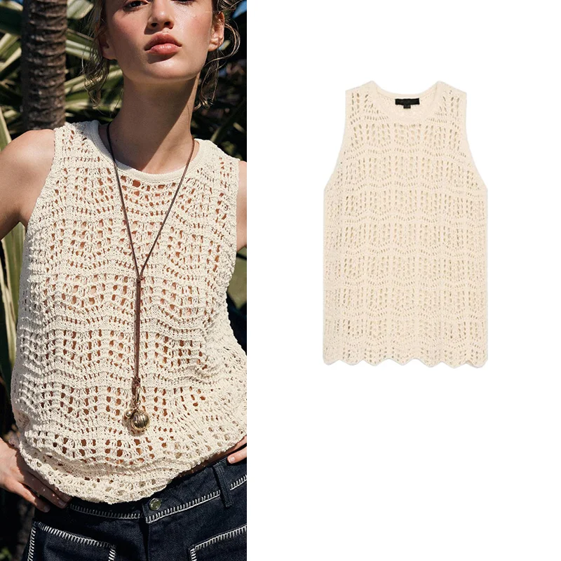 

New Summer Women's Knitted Hollow out Embroidered Me round Ne Svel Top Commute Sle Loose Fit Color Polyeste...