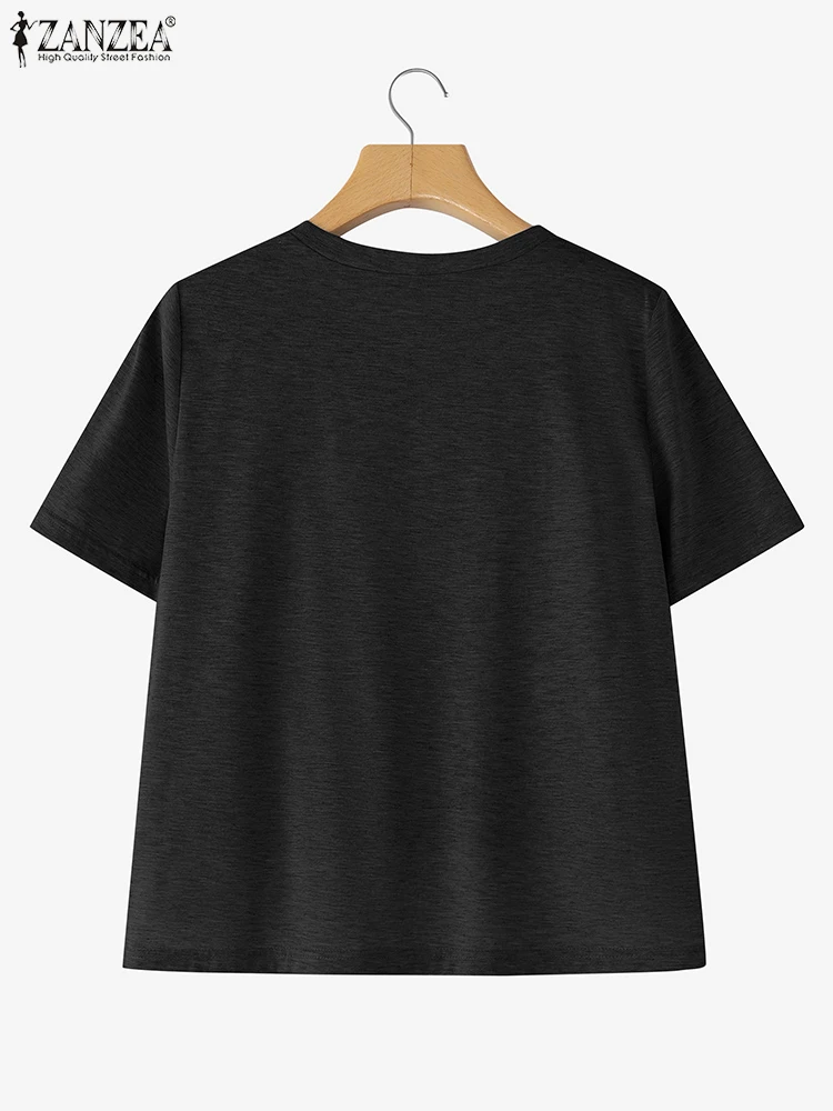 ZANZEA النساء تي شيرت الصيف بلايز 2025 موضة قصيرة الأكمام الدانتيل تونك وهمية قطعتين تيز عادية فضفاض المرقعة الحلو القمصان
