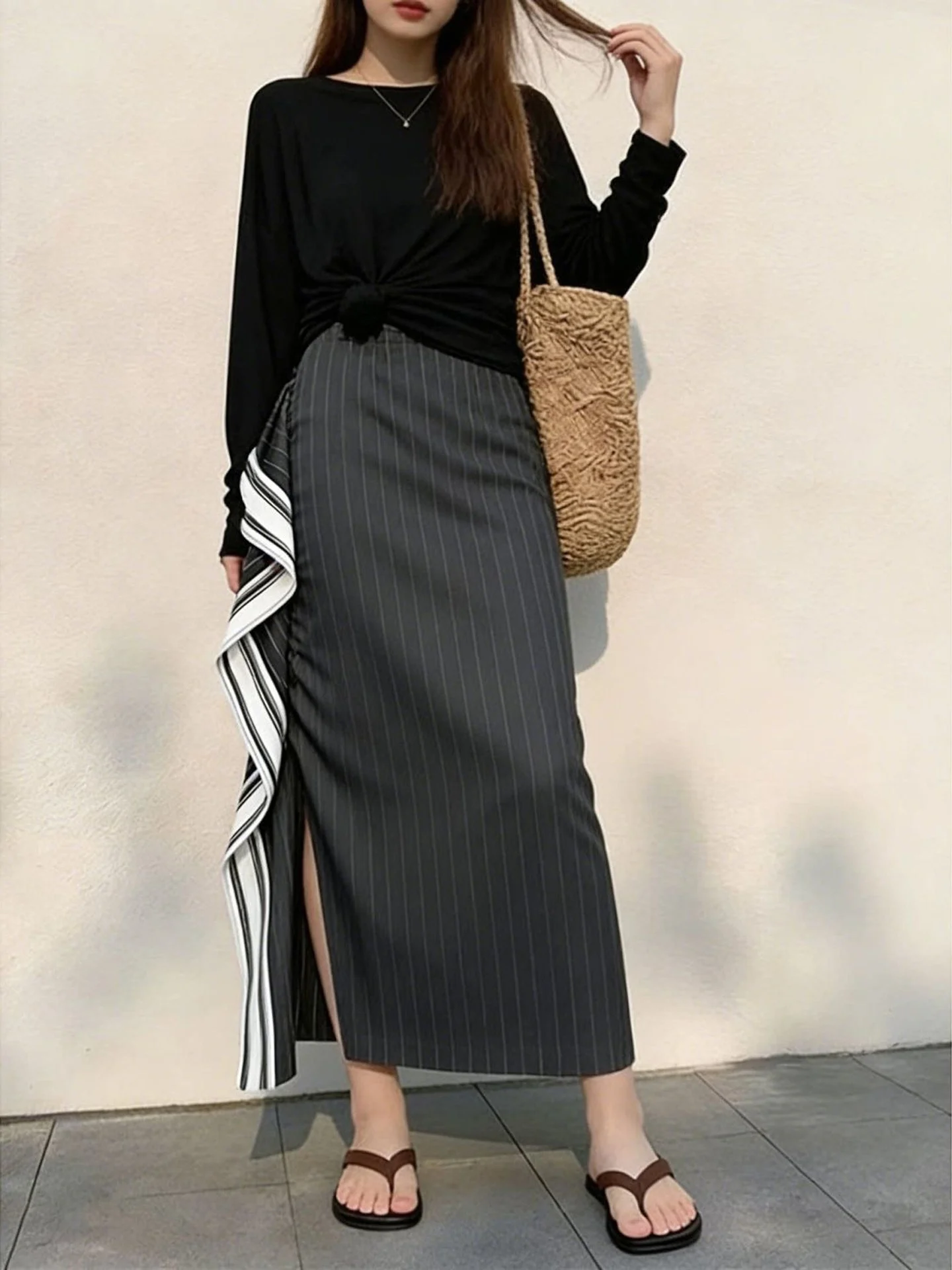 Gray A-Line Skirt Women's High Waist Slimming Hip Covering Pear Shape Bodycon  Skirt Commute Style Non-Padded Daily Wear
