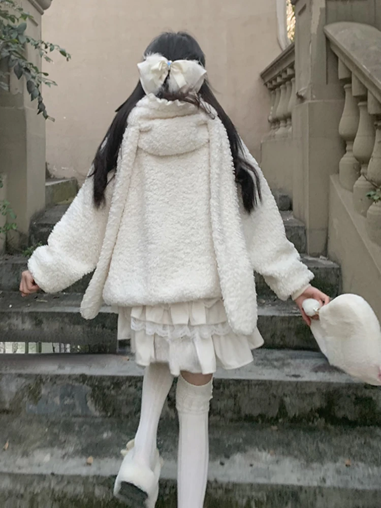 Imagem -06 - Jaqueta Japonesa de Kawaii Lolita Feminina com Capuz lã Solta Cabolsa Coreano Doce Manga Comprida Feminina Elegante Quente Branco Inverno 2024