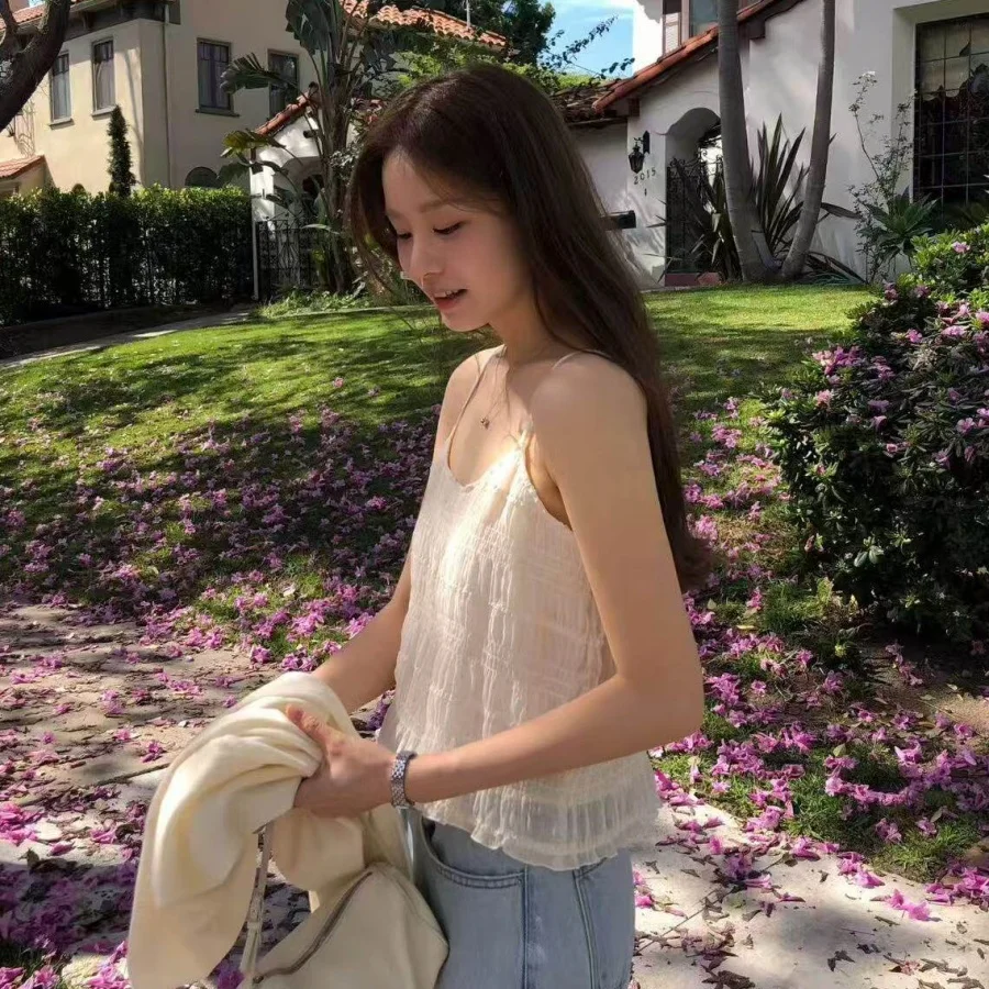 Korean Style Ins New Beautiful Pleated Small Strap Vest Women's Inner Gentle Atmosphere Slimming Top Casual Short Sleeve