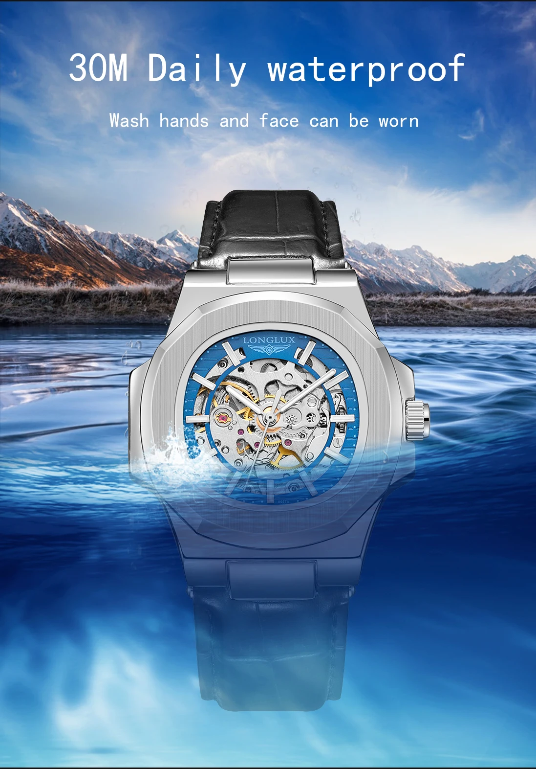 LONGLUX Automatic Mechanical Watch Outdoors Simple Luxury Watches Waterproof Cheap Wholesale Skeleton Leather Mens Watch Gift