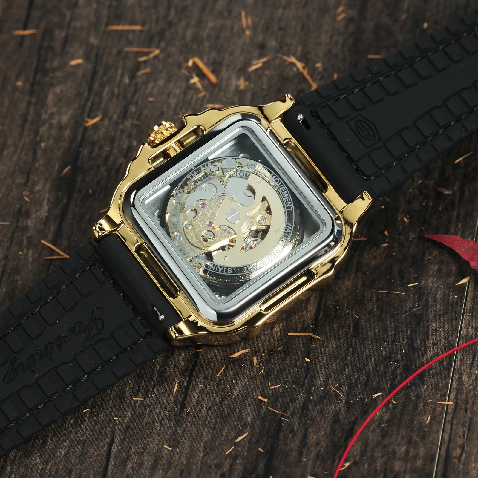 Forsining Silver Blue Sports Mechanical Watches Fashion Square Skeleton Automatic Watch for Men Rubber Leather Strap Luminous