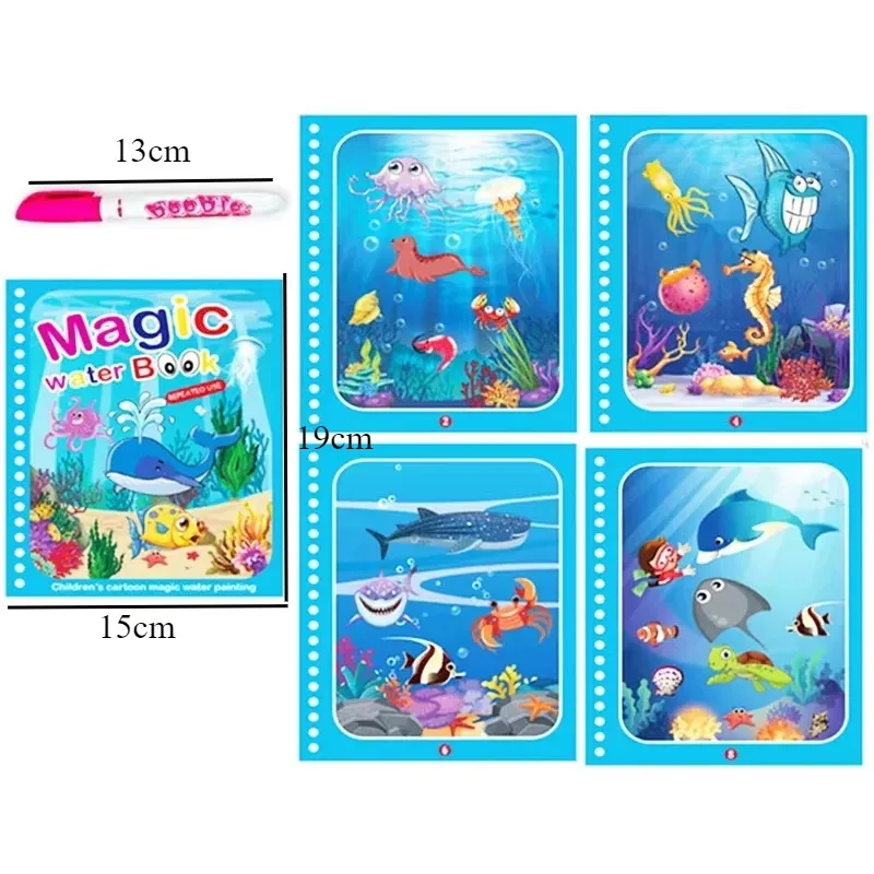 Libro magico da disegno ad acqua con penna - Giocattolo educativo riutilizzabile per bambini, regalo per libro da colorare con rivelazione dell'acqua