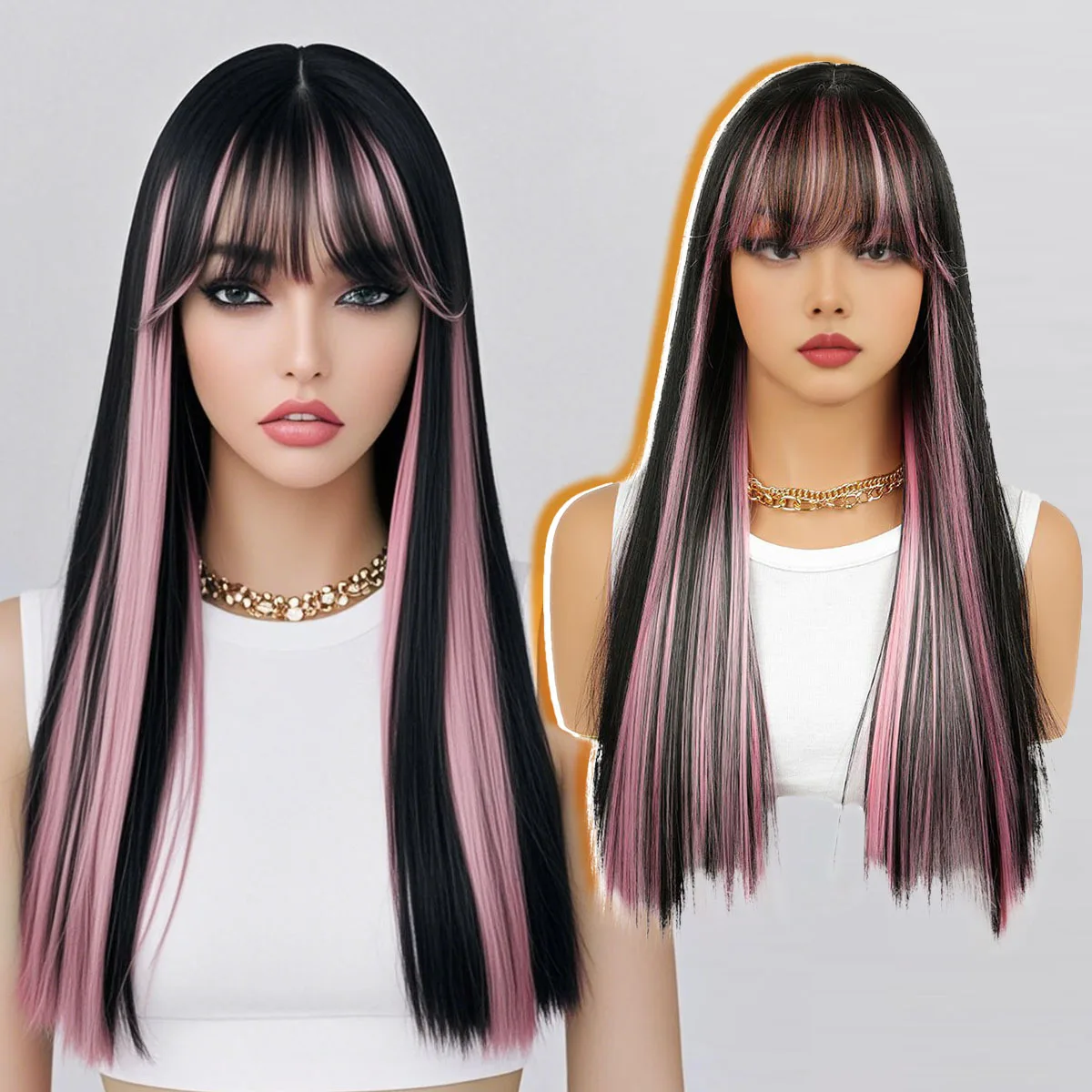 

Qi bangs intercolor long straight hair wig women chemical fiber full head cover black pink highlights color fashion