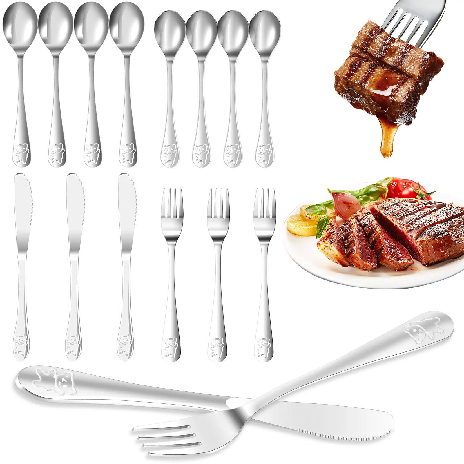 16 قطعة الفولاذ المقاوم للصدأ الاطفال الفضيات مجموعة الكرتون الدب الصغير طفل عشاء مجموعات مجموعة كاملة سكين شوكة ملعقة عيد الميلاد أدوات المائدة #1