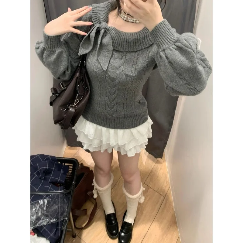 Fashionable Autumn and Winter New Solid Color Hottie Waist Long-sleeved Sweater Long-sleeved Versatile Bow Pullover