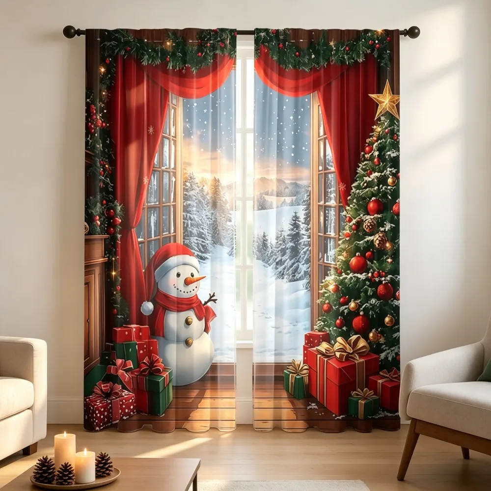 2PCS Christmas Winter Curtains, Night Window Snowman Tree Gift Pine Berry Red, Digital Print, Bedroom Living Room, Home Decor