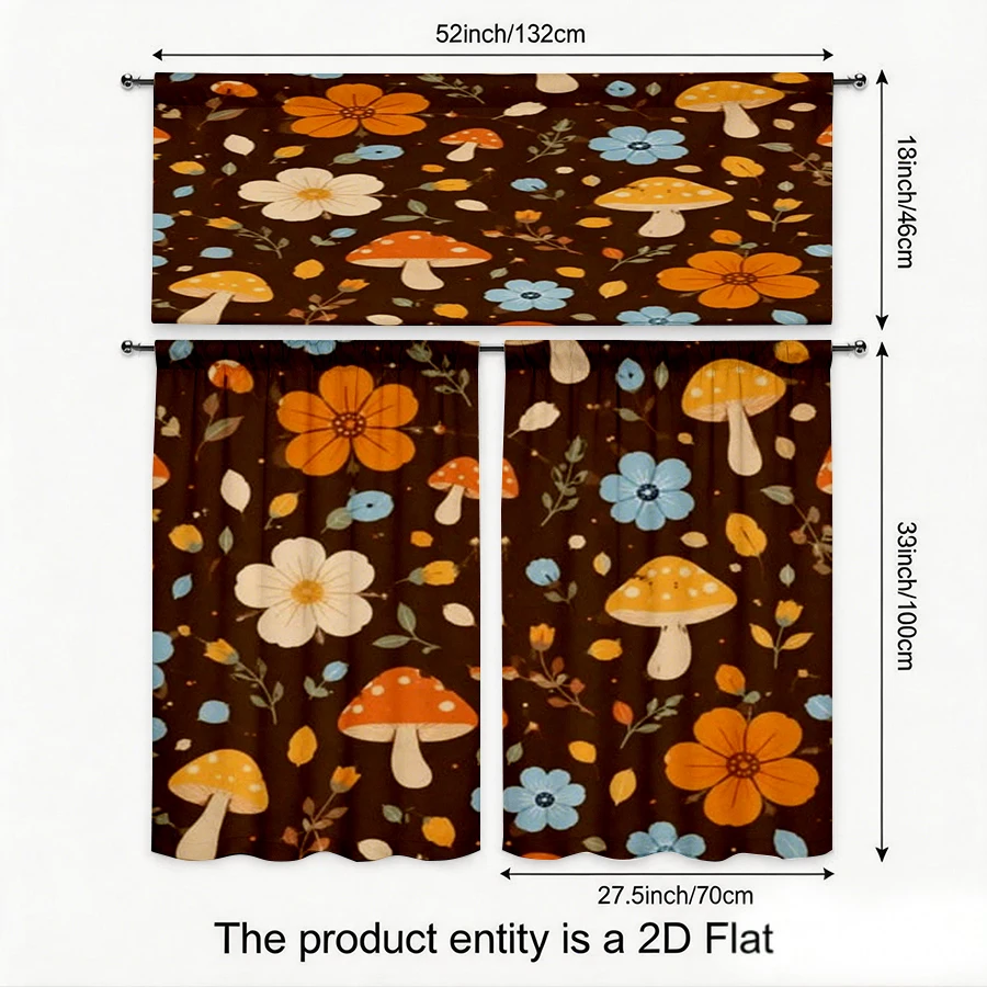 Vintage Kitchen Curtains, Mushroom Floral Brown Pattern, Digital Print, Kitchen Dining Room, Rod Pocket Polyester, Home Decor