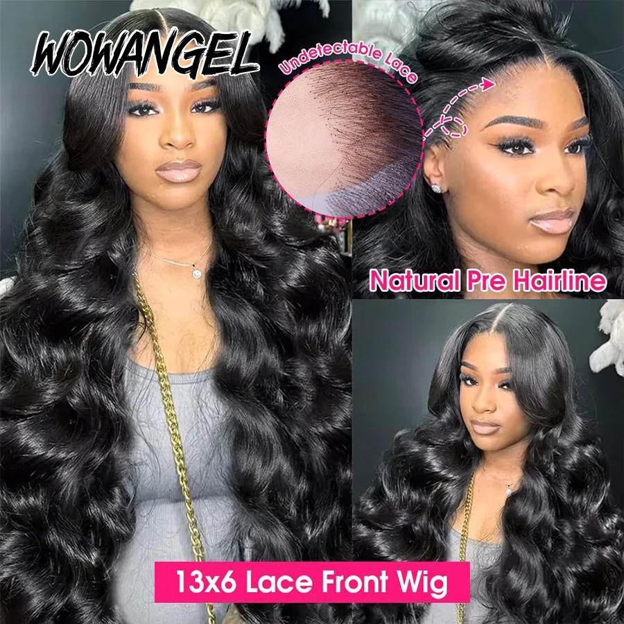 WOWANGEL Jet Black Body Wave Lace Front Human Hair Wig 250% Brazilian Virgin 13x6 HD Lace Full Frontal Wig Pre Plucked For Women view 4
