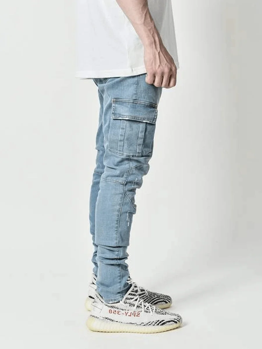 Men's Side Pocket Small Foot Skinny Baggy Jeans Hiphop Casual Loose Straight Denim Trouser Streetwear