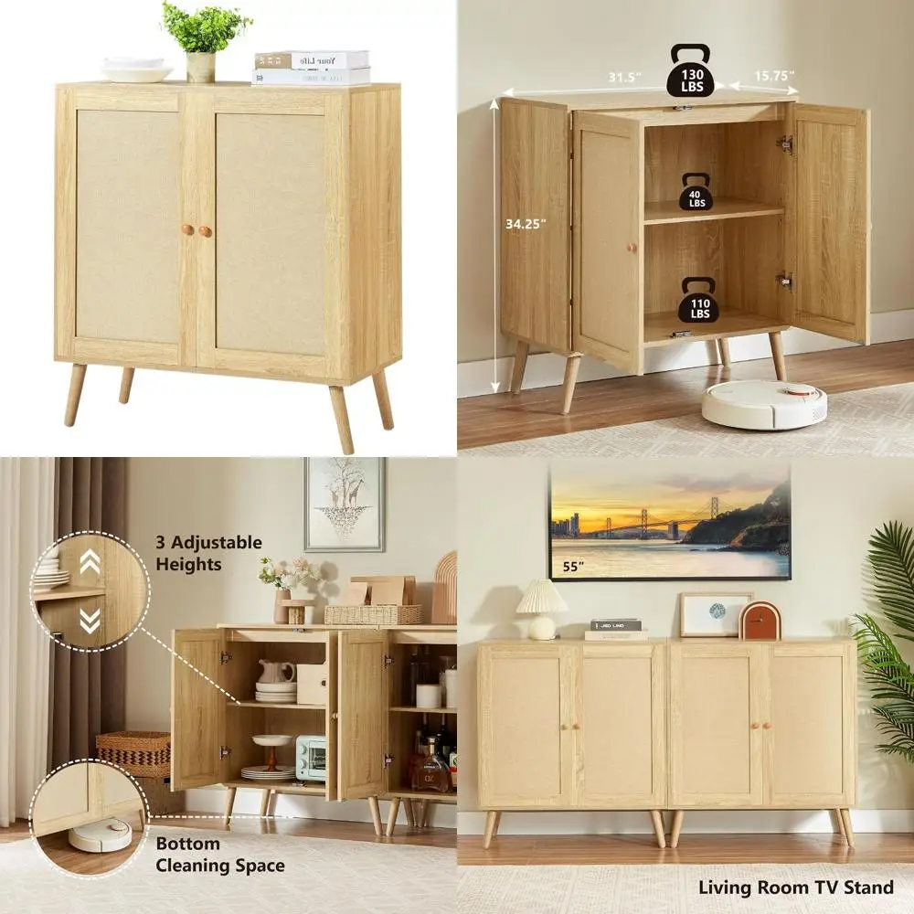 

Многофункциональный буфет с регулируемой полкой и 2 дверцами, тумба для хранения для кухни, гостиной, прихожей в стиле «натурал»