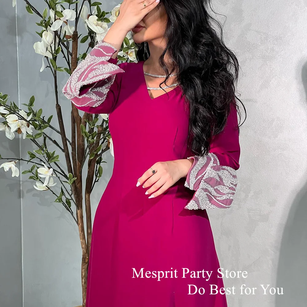 Mesprit-vestido de noche para mujer, traje Formal saudita con cuello en V, mangas largas, lentejuelas, corte en A, corte en A, pierna en el tobillo, graduación