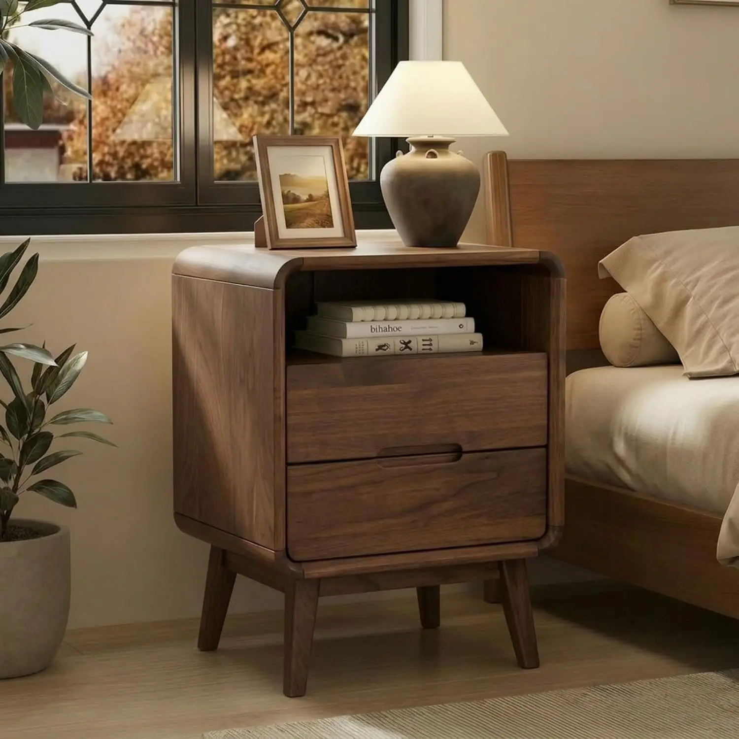 Walnut Nightstand Solid Wood Night Stand, Dark Wood Nightstands with 2 Drawers & Open Shelf, Mid Century Modern, Customized