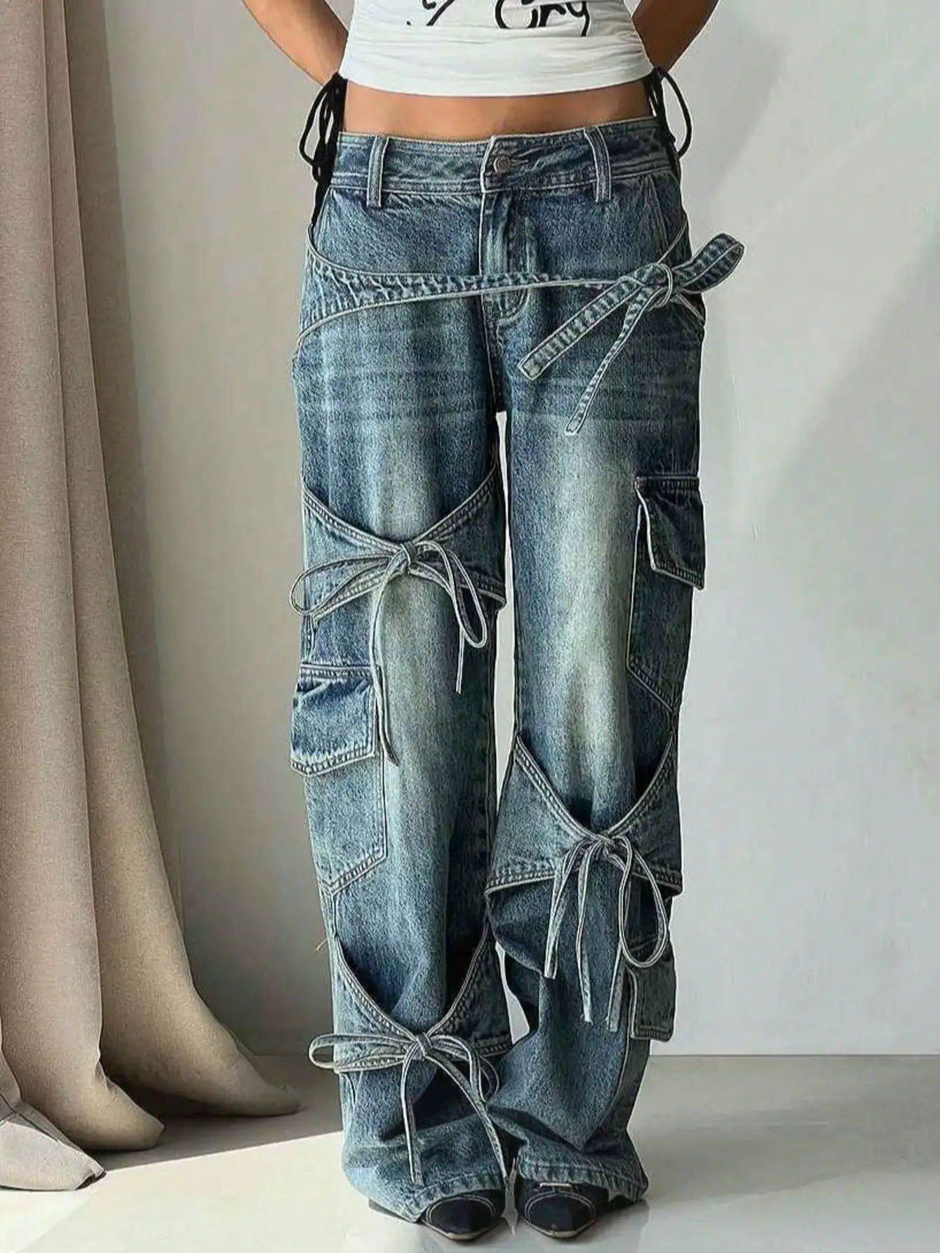 

Джинсы-карго Y2K с бантом, множеством карманов, ретро-стиль, выстиранный деним для уличного стиля и фестивалей