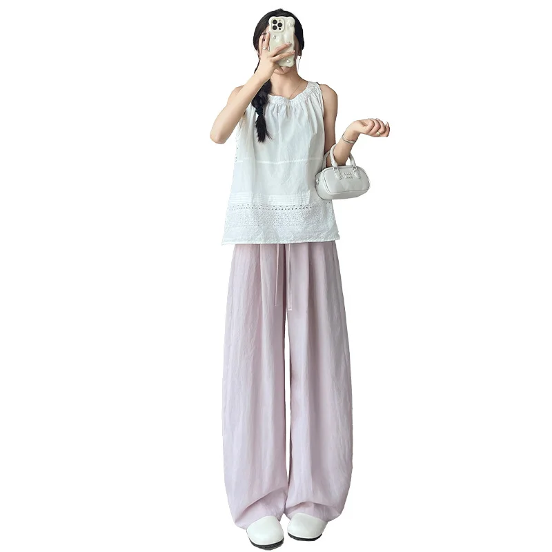 Pantalon à jambes larges en lin lavé pour femmes, été, ourlet fin et incurvé, ample, décontracté, en coton et lin