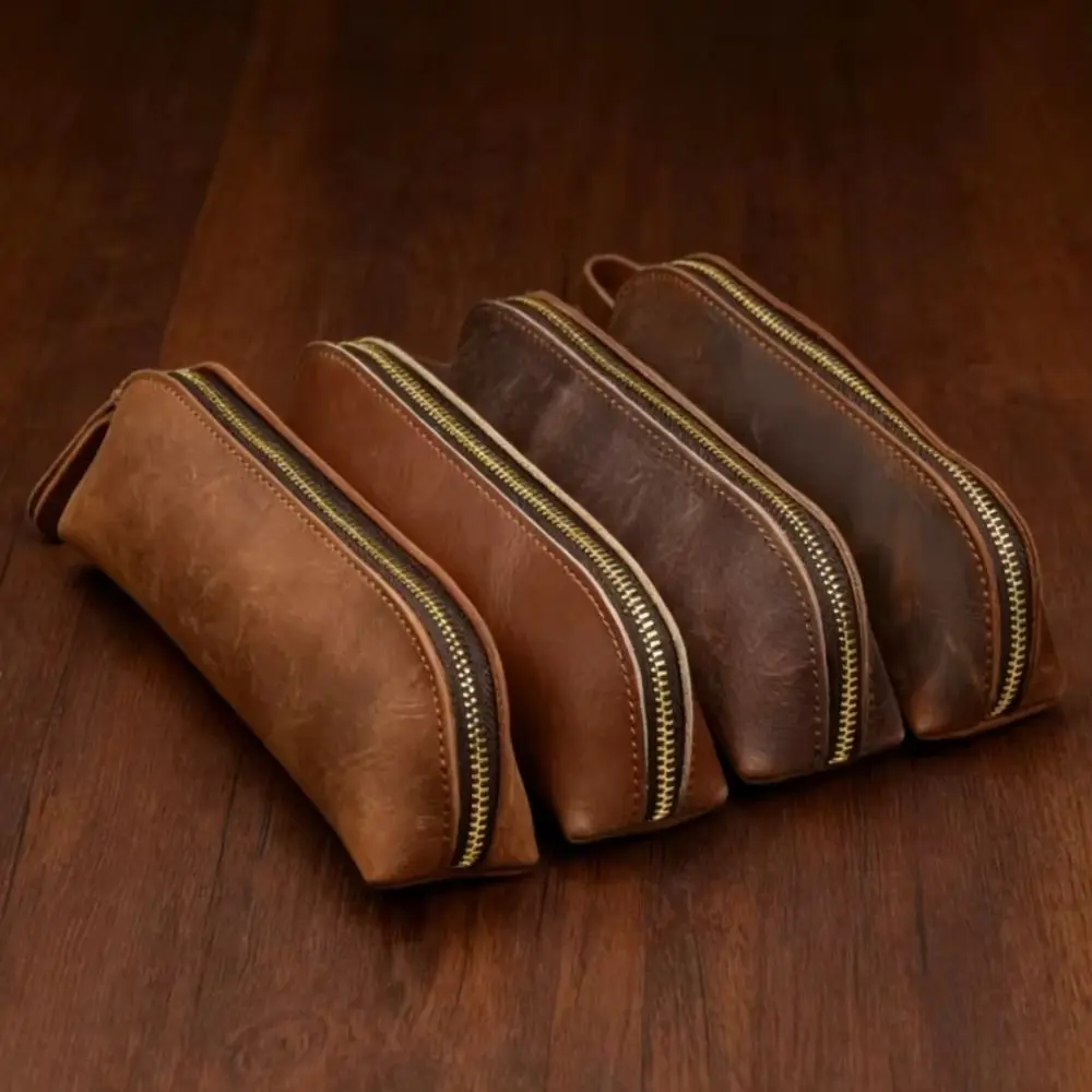 High Quality Zipper Closure Leather Pencil Pouch Large Capacity Multifunctional Stationery Bag Pen Bag Makeup Organizing