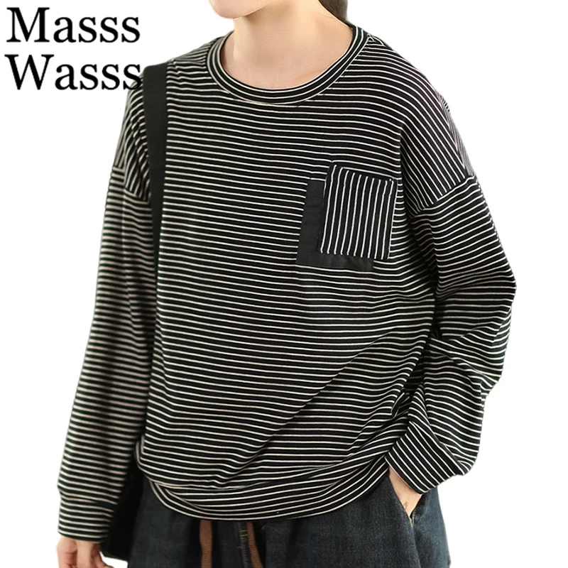 

Mass Wasss, зимняя одежда в корейском стиле, женская мода, свободные полосатые футболки с круглым вырезом, женские роскошные классические повседневные хлопковые топы
