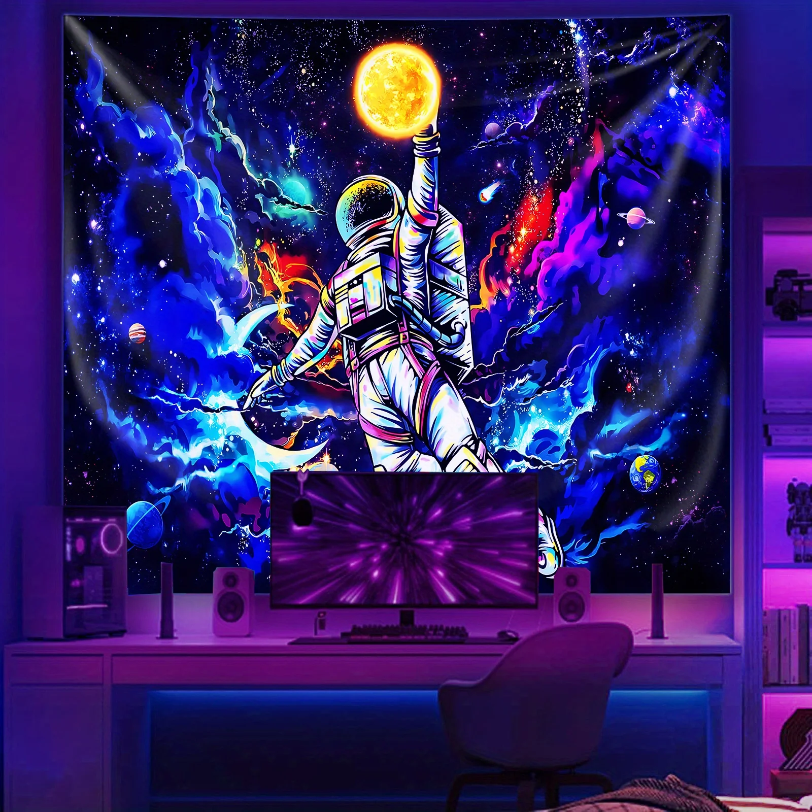 VIKAMA Cyberspace Astronaut Wall Hanging, Colorful Starry Sky Decorative Fabric, Atmospheric Tapestry, Room Decor