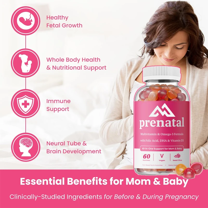 Prenatal vitamin gummies containing DHA and folic acid contain Omega 3 and D3, promoting fetal development with 60 capsules