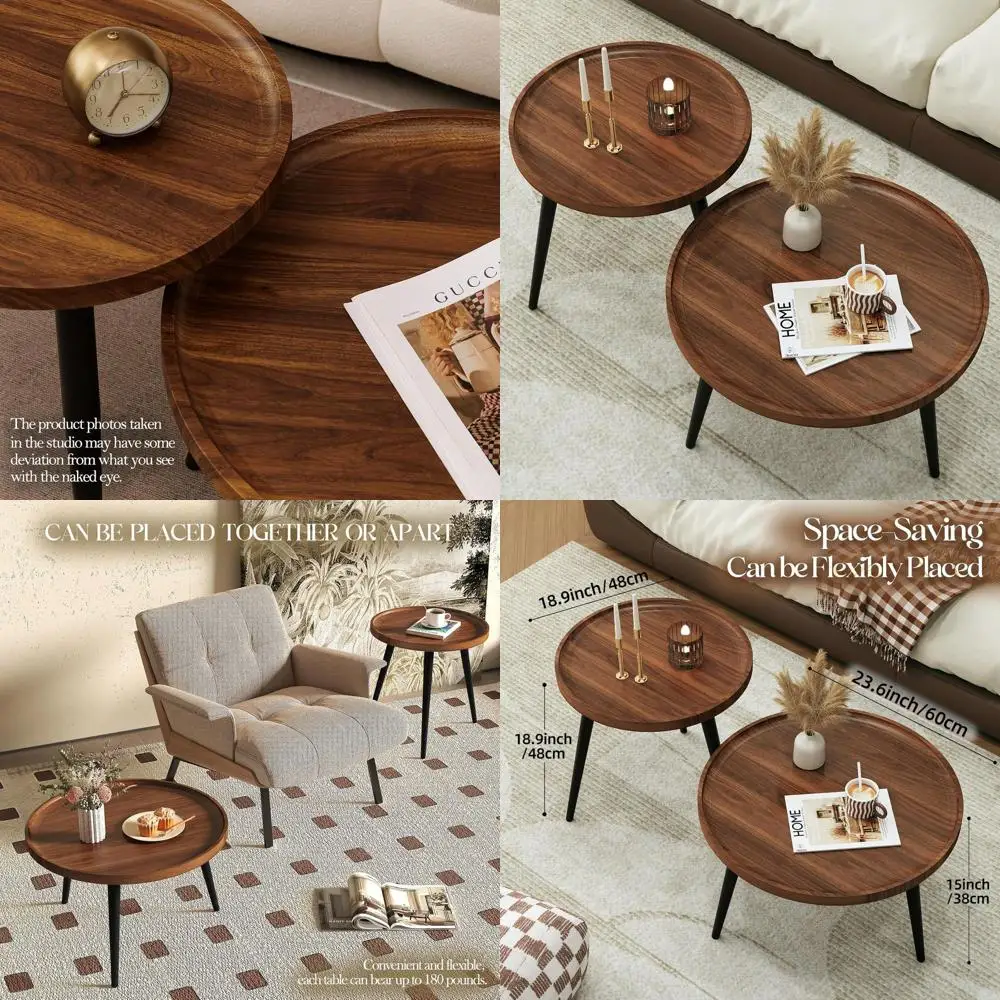 

Round Mid-Century Modern Nesting Coffee Tables, Walnut Minimalist Design for Living Room, Bedroom, Office, or Outdoor Spaces