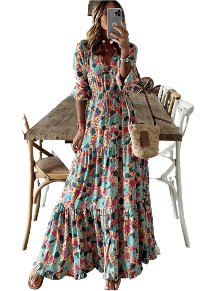 

Spring Autumn Flower Print Long Dresses For Women Casual Holiday A-line Beach Dress Fashion Elegant Bohemian Style Maxi Vestidos