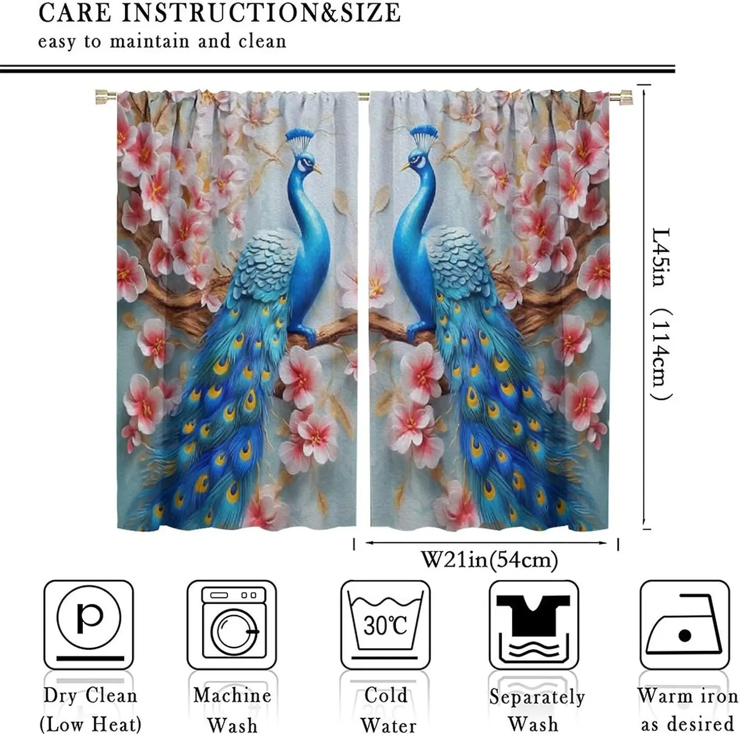 Embossed Floral Blue Peacock Curtain 2 Panels Mixed Symmetric Peacock Pink Cherry Blossom Pattern Inn Chic Noble Soft Vintage