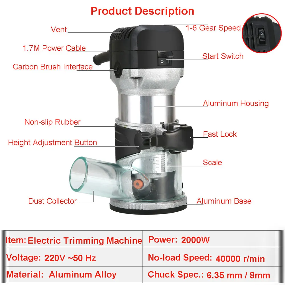 Máquina Eléctrica de tallado manual de madera, 220V, 2000W, 6,35/8mm, 6 velocidades, recortadora manual, enrutador de grabado para carpintería