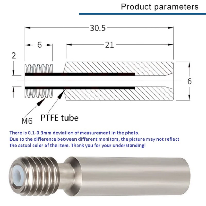 3D Printer Titanium MK8 1.75mm V6 Heat Break All Metal Thermal Barrel Feeding Tube M6*30.5 Heatbreak Throat For 1.75mm Filaments view 6
