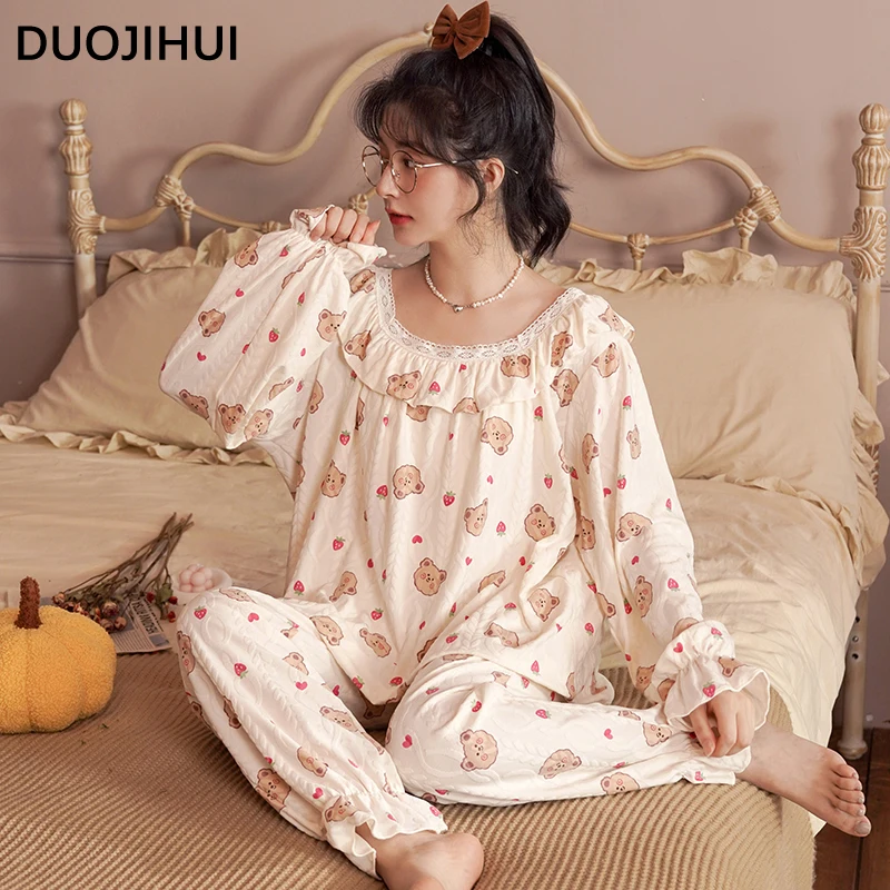 DUOJIHUI Sweet Chic Print Casual Home Women's Pajamas Set Autumn New Simple Long Sleeve Top Loose Pant Fashion Female Sleepwear